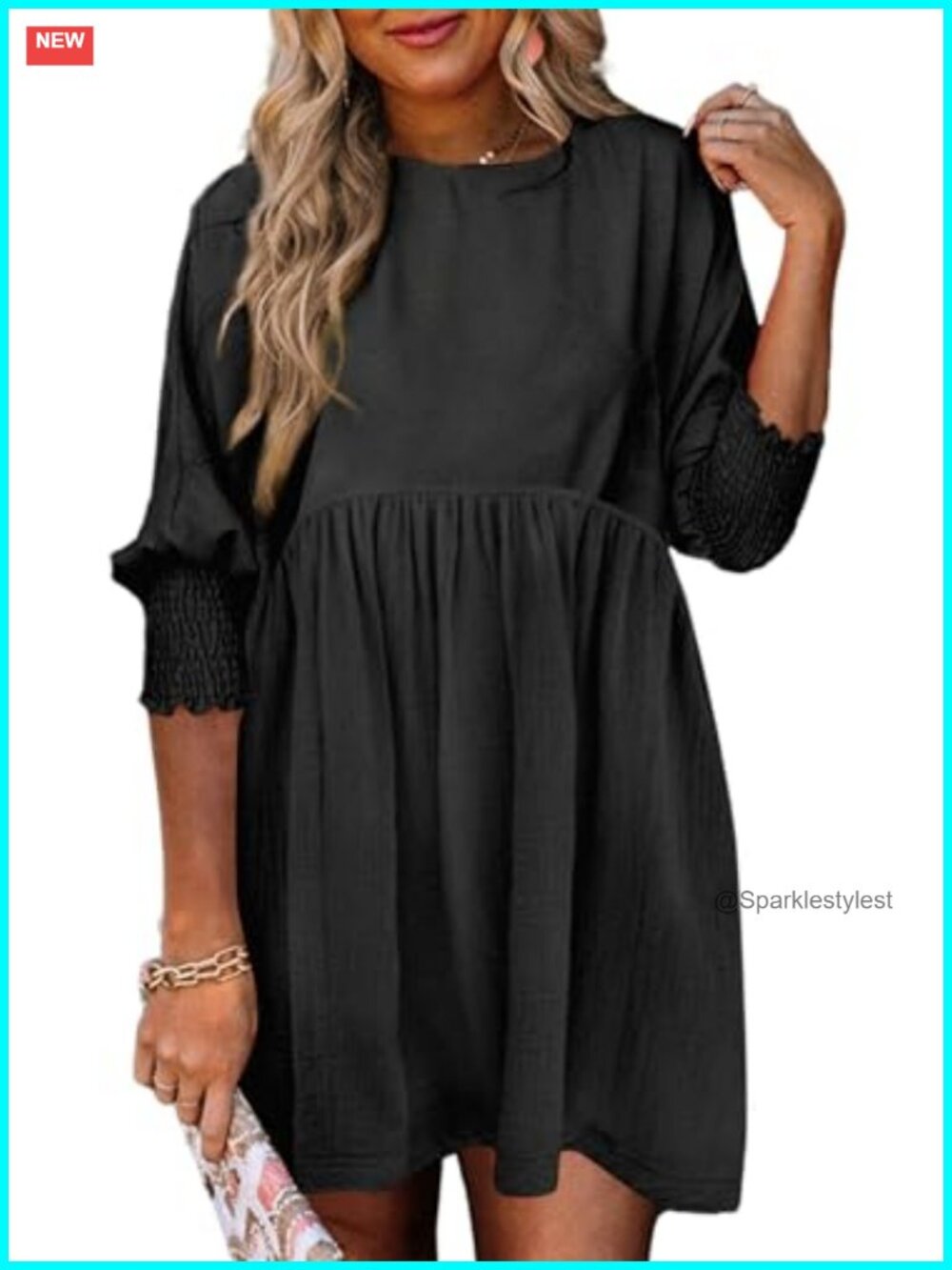 Dokotoo Women's Babydoll Mini Dress 3/4 Sleeve Empire Waist Casual